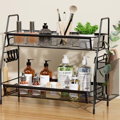 VITVITI 2-Tier Bathroom Organizer Countertop, Metal Wire Mesh Bathroom Counter Organizer Storage with Basket Hooks, Vanity Tray Shelf, Kitchen Spice Rack, Black - color: Large Black Wire Mesh
