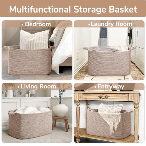 Goodpick Blanket Basket, Woven Baskets for Storage, Extra Large Storage Basket for Clothes, Toys, Dirty Clothes Basket for Laundry, Living Room, 23.6" x 15.7" x 13.8", Brown, 85L - color: Brown, size: X-Large(23.6"L x 15.7"W x 13.8"H)