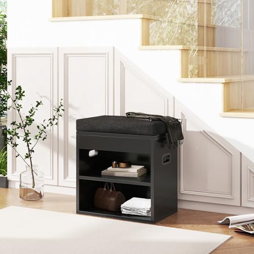YMYNY Small Shoe Storage Bench with Cushion and Drawer, 2 Tier Adjustable Entryway Bench with Storage, Wooden Shoe Rack Bench for Entryway, Living Room, Hallway, Closet, Bedroom, Black, HSC002B - color: Black