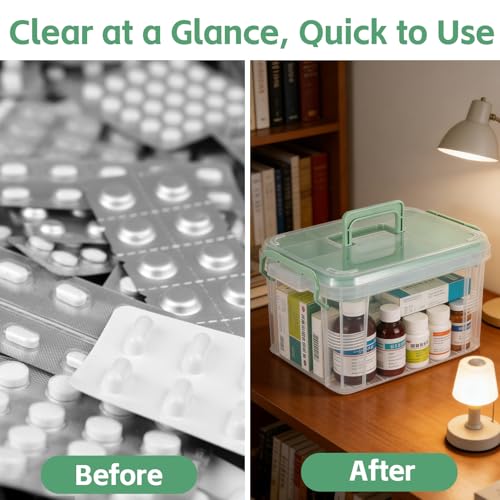 2 Pack Clear Medicine Organizer Box with Handle Thickened Plastic Medicine Cabinet with Tray First Aid Box Empty Multipurpose Medical Container Medication Caddy for Home Travel Dorm