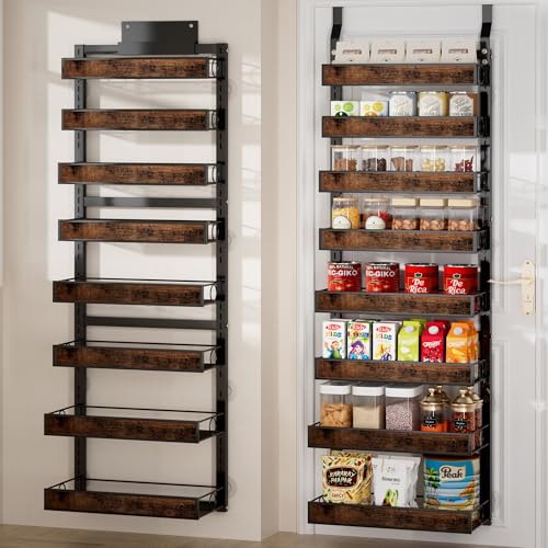 8 Tier Over The Door Pantry Orangizer 2 IN 1 Wall Mounted or Hanging Spice Rack with Adjustable Wood Basket,Heavy Duty Seasoning Storage Shelf for Kitchen Pantry and Bathroom - color: Black-Wood, size: 8 Tiers
