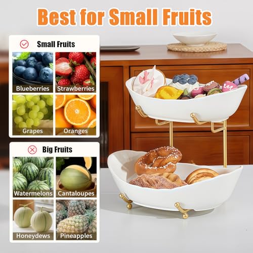 2 Tier Ceramic Fruit Bowl for Kitchen Counter, Tiered Fruit Basket for Countertop, Modern Multi Layer Fruit Display Stand for Party, Cute (Gold&White, Small) 1 - color: Gold&White, size: Small