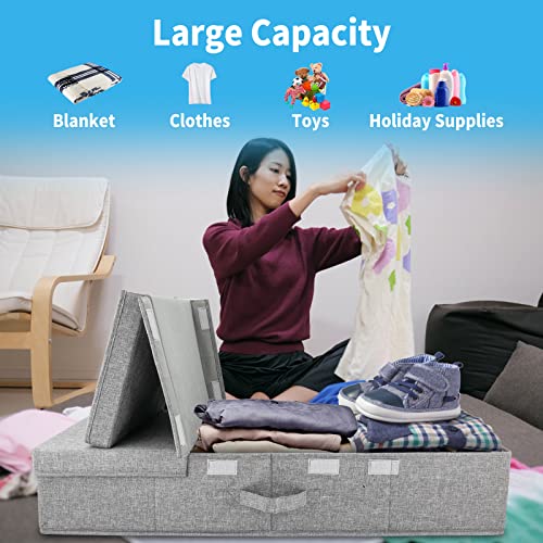 2 Pack 48L Under Bed Storage Containers, 6 Inches Tall Foldable Underbed Clothes Storage with Lids&3 Handles, 31.5 x 15.7 x 6 inches Low Profile Stackable Bins Box for Bedroom Blankets Clothes Shoes