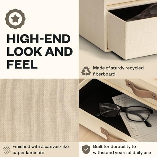 Bigso Birger 2 Drawers - Desktop Drawers for A4 and Letter Size Papers and Documents - Tabletop Drawers with Leather Handles - 13.1 in x 10 in x 5.7 in - Cream - color: Cream
