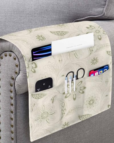 Sofa Armrest Organizer Bedside Caddy, Vintage Green Floral Non Slip Couch Remote Control Holder for Recliner, Rustic Abstract Flower Burlap Arm Chair Caddy with Pocket for Magazine Phone, 13"x35" - color: Sage Green, size: 13x35 in