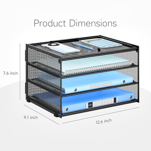 Lavatino 3-Tier Letter Tray Desk Paper Organizer – Black Mesh Metal File Tray Organizer for Desk, Office Supplies & Home Organization | Fits A4/Letter Paper, Mail, Magazines and Office Accessories - color: 4-tier No Handle - Black