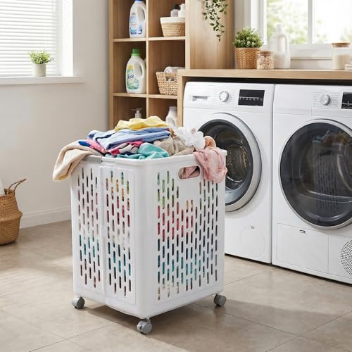 60L Collapsible Laundry Baskets, Plastic Laundry Hamper with Handles, Foldable Laundry Bin, Laundry Basket with Wheels for Laundry Room Organization, Ideal for Clothes, Towels, Blanket, White