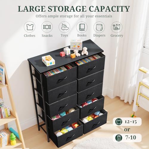 10-Drawer Dresser for Bedroom, Anti-Tip Tall Storage Organizer Chest of Drawers with Wooden Top and Metal Frame Fabric Bins for Closet, Living Room, Hallway, Entryway, Black - color: Black, size: 11.8"D x 31.4"W x 45.6"H (10 Drawers)