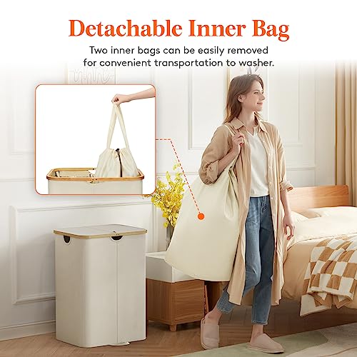 Lifewit 150L Double Laundry Hamper with Lid, Large Laundry Basket with Removable Bag & Bamboo Handles, Fodable Tall Dirty Clothes Hamper for Laundry Collapsible Bin for Bathroom Bedroom Dorm, Beige - color: Beige, size: 150L