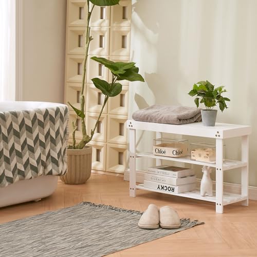 Apicizon Bamboo Shoe Rack for Entryway, 3-Tier Shoe Rack Bench for Front Indoor Entrance, Small Shoe Organizer with Storage, White - color: White, size: 27.6 Inches No Cushion