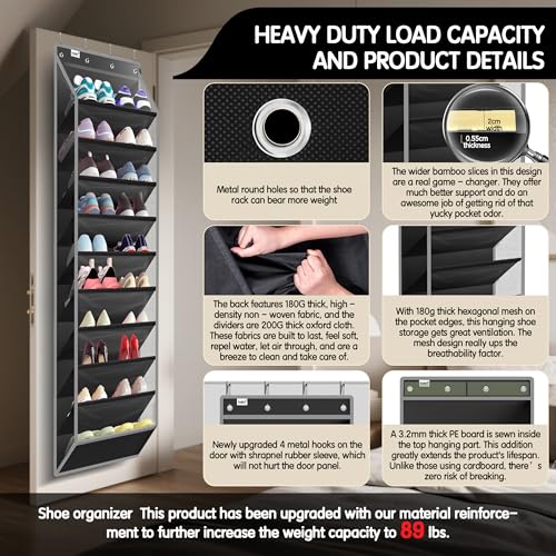 Kotkn 10 Tier Over The Door Organizer - Heavy Duty Hanging Storage Rack with Sturdy Oxford Fabric, Holds 20+ Pairs of Footwear, Boots & Sneakers, Saves 50% Closet Space (Black) - color: 10-cell Black