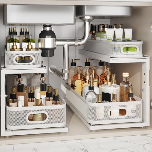 2 Pack 21IN-Depth Under Sink Organizer With Next-Gen Ball-Bearing Slides,2-Tier Precision Mesh Pull Out Cabinet Storage for Bathroom&Kitchen,Height Adjustable Drawers Shelf,Anti-rust-White - color: White, size: 2 Pack-21"Dx12.4"-16.5"H