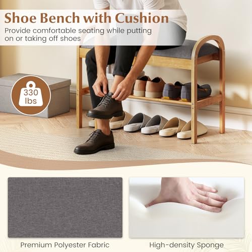 Giantex Shoe Bench with Flip-Top Storage, Bamboo 2-Tier Entryway Bench with Padded Cushion, Shoe Rack Bench for Hallway, Closet, Foyer, Living Room, Bedroom, Mudroom (with Flip-Top Storage) - size: 12.5"D x 27.5"W x 20"H（With Flip-Top Storage）