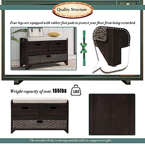 Fully Assembled Solid Acacia Wood Storage Bench - Shoe Organizer with 2 Drawers, Removable Basket & Padded Cushion, Rustic Entryway Bench (Espresso) - color: Espresso