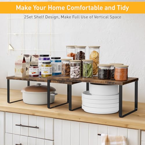 OGEMXU Cabinet Shelf Organizers, 15.7 inches Large Kitchen Counter Shelf, Set of 2 Wood Kitchen Pantry Organizer, Storage Shelves for Countertop, Spice Rack, Stackable, Expandable, Metal Black, Brown - color: Black and Brown, size: 2pcs 7.8" D x 15.7" W x