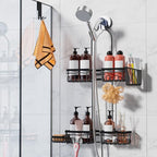 Shower Caddy Hanging with Door Hook - Split Design for Handheld Showerheads, Rustproof Over The Showerheads Bathroom Organizer with Hooks Soap and Toothbrush Holder, Bathroom Accessories Black