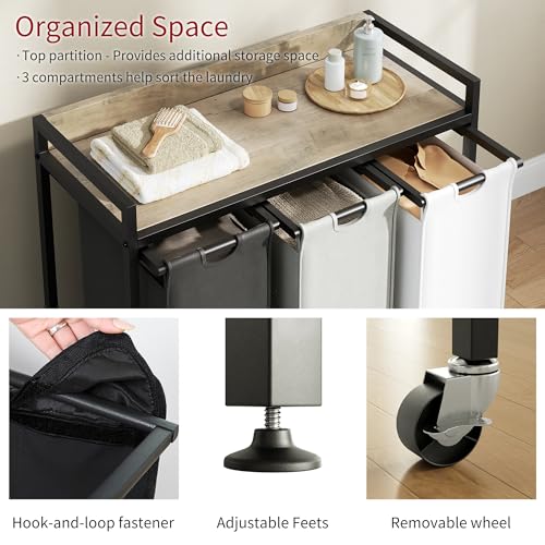 Herture Laundry Hampers with Shelf, Laundry Basket 3 Section, Laundry Sorter with Pull-Out Removable Large 3 Color Bags and Movable Wheels, Metal Frame, 3 x 15.87 Gallons (60L), Greige PF04XLZ - color: Greige + 3-Color, size: 3 Bags-180 L