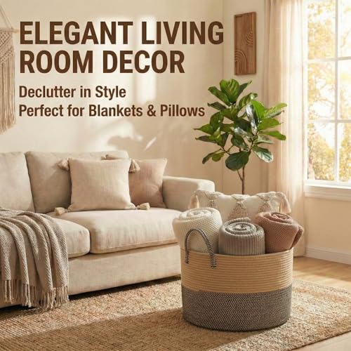 JMvicyroam 65L Extra Large Blanket Basket for Living Room - Woven Cotton Rope Laundry Hamper with Reinforced Handles - Storage Bin for Pillows, Comforters & Toys - Machine Washable,Jute&Black - color: Jute&Black, size: 65L