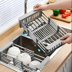 Adjustable Dish Drying Rack with Stainless Steel Drain Basket Over-The-Sink - Portable & Telescopic Space-Saving Solution for Fruit Vegetable