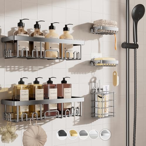 Veken Adhesive Shower Caddy 5-Pack,Heavy Weight Bearing,Large Wall Mounted Shower Shelves Rack,Organizer Storage Accessories with Soap Dish&Toothbrush Holder,Ideal for Bathroom,Home&Kitchen,Silver - color: Silver