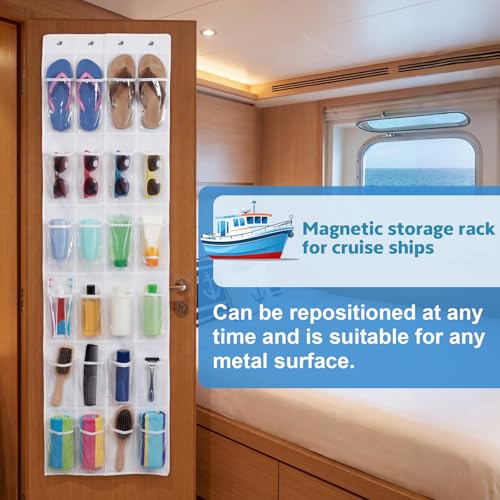 Watersay over the Door Organizer for Cruise Ships Magnetic 65 x 19 Inch Hanging Door Organizers with 24 Pocket, Magnetic Shoe Rack Storage Bag for Cruise, Bathroom Behind-door Storage