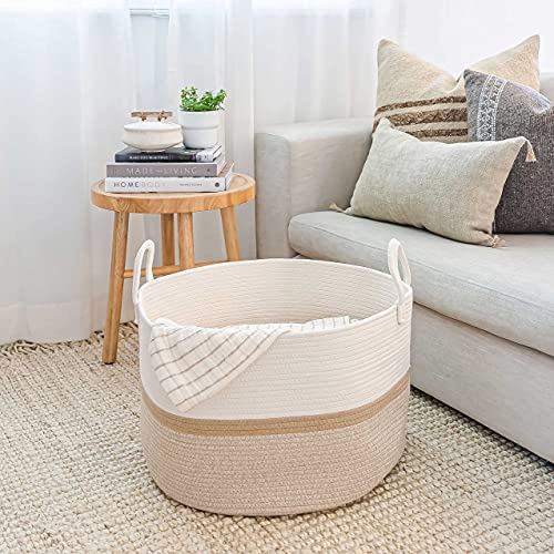 OrganiHaus Large Woven Storage Basket for Blankets and Toys 20" x 13" Inch, Rope Laundry Basket with Handles, Cushions & Pillows Storage Bin, Nursery Hamper, Soft Round Dog Toy Bin - Honey Stripe - color: Striped Honey, size: Wide
