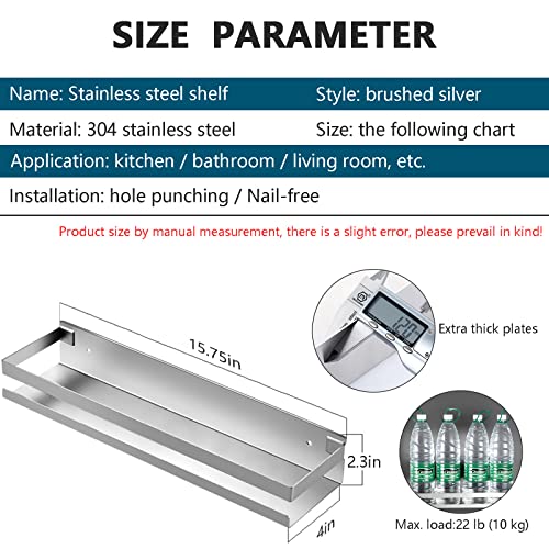 Rustproof Metal Storage Floating Shelves Wall Mounted Rectangular Shelf for Bedroom,Bathroom, Living Room, Kitchen, and Laundry Room,Nail-Free Wall-Mounted Shelves（15.75 Inch Silver） - color: Silver, size: 15.75in（40cm)