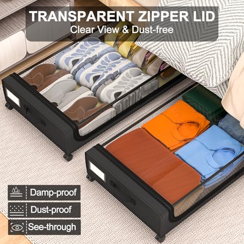 GoMaihe Under Bed Storage with Wheels: 70L Underbed Storage Containers with Clear Lids - Rolling Drawers & Bins for Shoes Clothes in Dorm Bedroom - Space-Saving Easy Pull-out Black 2-Pack - color: Black, size: Extra Large(2Pack)