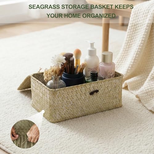 Nonam Storage Basket with Lid, Natural Seagrass Bin with Lid Set of 3, Shelf Baskets Multipurpose Container for Boho Decoration, Rectangular Household Storage Boxes for Home Organization-White - color: White* Set of 3