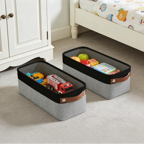 Bagnizer Small Fabric Storage Baskets, 15x6x5 inch Narrow Storage Bins 4-Pack Long Storage Basket for Organizing with Handles, Decorative Basket for Closets, Shelves, Toilet Paper, Grey - color: Gray / Black, size: Narrow-15"x6"x5"