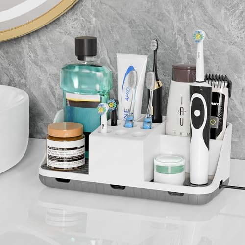 Boperzi Electric Toothbrush Holders with Cord Slots: Detachable Toothbrush and Toothpaste Holders, Large Tooth Brush Storage Caddy Set Drainage, Anti-Slip Bathroom Counter Organizer for Family, Kids - color: White/Grey