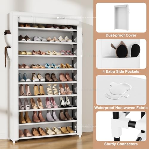 VILICK Shoe Rack with Cover Narrow Shoe Organizer with Pockets 10 Tier Tall Shoe Storage Holds 36-41 Pairs Shoes and Boots Shoe Rack for Closet Entryway Garage, White - color: White, size: 10 Tiers-34.6" Wide