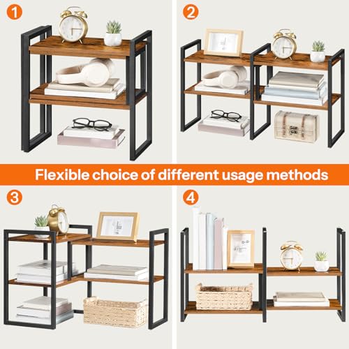 HOOBRO Desk Shelf Organizer, Adjustable Desktop Bookshelf, 2-Tier Shelf for Top of Desk, Wooden Office Storage Rack, for Office, Study, Kitchen, Dorm, Rustic Brown and Black BF39SJ01 - color: Rustic Brown + Black