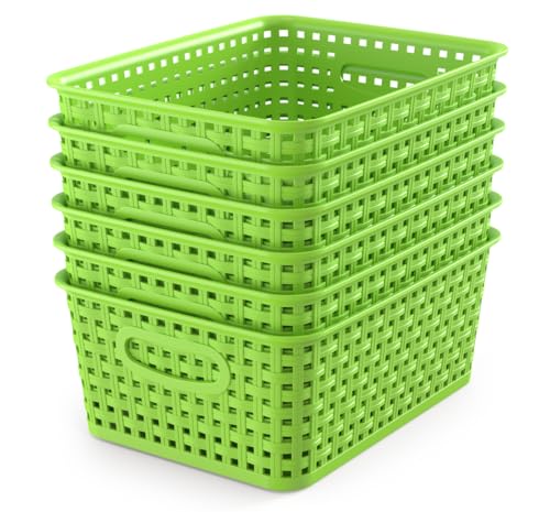 WYT 6-Pack Plastic Small Shelf Storage Weave Baskets Organizing for Cabinets and Pantries, Green - color: Green, size: 6-Pack