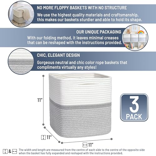 NaturalCozy Storage Cubes 11 Inch Cotton Rope Woven Baskets for Organizing, 3-Pack | Cube Storage Bin | Square Storage Baskets for Shelves Organizer, Classroom, Kids Toy Bins, Closet, Baby Nursery - color: Off White & Gray & Mixed Gray