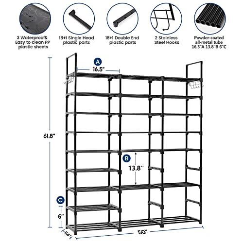 Mavivegue 9-Tier Metal Shoe Rack - Holds 50-55 Pairs, Tall Storage Shelf for Shoes, Boots, Entryway, Closet, Garage - color: Black, size: 3 Row 9 Tier