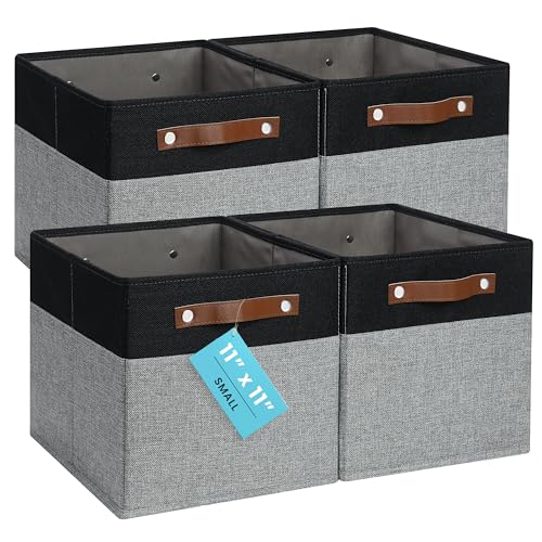 OrganiHaus 11" x 11" x 11" Fabric Cube Storage Bins - Set of 4, Canvas Cubby Bins with Vegan Handles, Square Storage Cubes, Kallax Storage Cubes, 11 Inch Cubic Baskets for Shelves in Gray/Black - color: Gray Base / Black, size: (11x11) Leather Handles