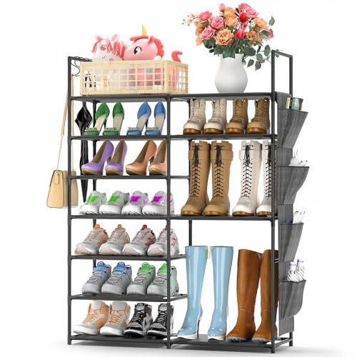 Kottwca 7 Tiers Shoe Rack Metal Shoe Organizer for Entryway Closet, 24-28 Pairs Stackable Shoe and Boots Shelf Storage Cabinet with Hooks and Side Hanging Pockets for Bedroom, Garage, Black - size: 2 Row 7 Tier