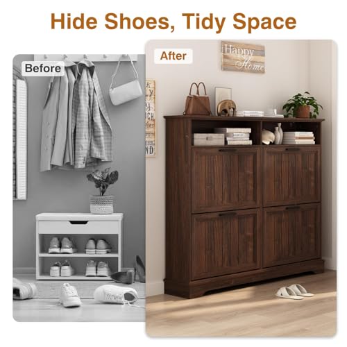 Shoe Storage Cabinet with 4 Flip Drawers, Farmhouse Modern Hidden Shoes Rack Cabinet with Adjustable Shelves & Open Storage, Narrow Slim Shoe Organizer for Front Door Entrance, Entryway, Walnut - color: Brown, size: 4-Drawers