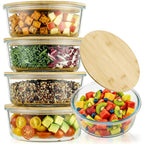 Blushtier 4 Pack 44 oz Borosilicate Glass Food Containers with Bamboo Lids, Stackable Glass Bowls for Meal Prep & Lunch, Microwave, Freezer and Dishwasher Safe - size: 44 oz