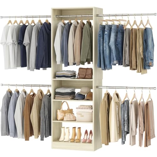 Homieasy Closet System, 4.5-11.5 Ft Expandable Closet Organizer with 5 Hanging Rods, Walk-in Wood Closet Organizer System with Storage Tower, Heavy Duty Garment Rack Wardrobe for Bedroom, Light Oak - color: Light Oak