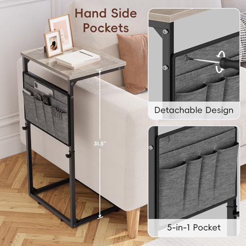 Vagusicc C Shaped End Table, 33'' Tall Side Table for Couch, Adjustable Height Small Couch Side Table for Small Spaces, C Table Slide Under Sofa Table TV Tray Arm Table for Living Room, Bedroom, Grey - color: Greige