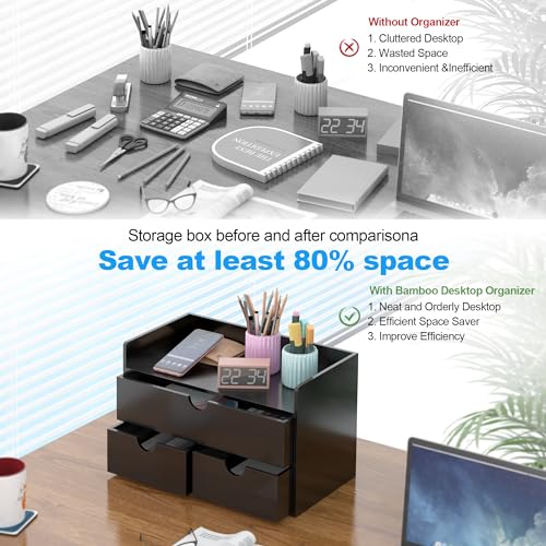 Bamboo Desk Organizer with Drawers Desktop Storage Drawers for Bills Office Supplies Kitchen Utensils Organizing Tool for Home Classroom Organization No Assembly (Black with Shelf) - color: Black with Shelf