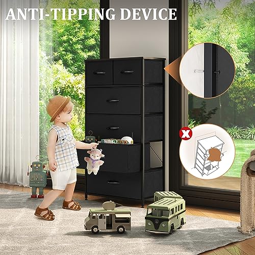 Fabric Dresser for Bedroom, Tall Skinny Dresser with 6 Drawers, Storage Organizer Tower, Steel Frame Wooden Top for Closet, Living Room, Hallway, Nursery(Black) - color: Black