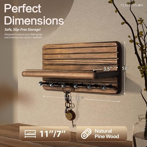 Rebee Vision Farmhouse Key Holder Wall Mount for Home Decor – Decorative Pine Wooden Key Holder for Wall with 6 Hooks & Floating Shelf - Rustic Charm for Room Decor Aesthetic (Brown) - color: Brown, size: Medium-11inch