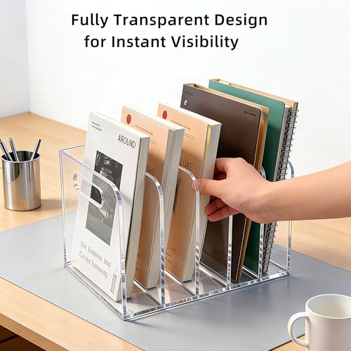 Acrylic Magazine File Holder, 5 Vertical Compartments Desk Document Sorter Organizer, Clear Folder Rack Binder for Office/Documents/Classroom, for Home, Tablet, Magazines, Books & Accessories - size: B5, 5 Sections