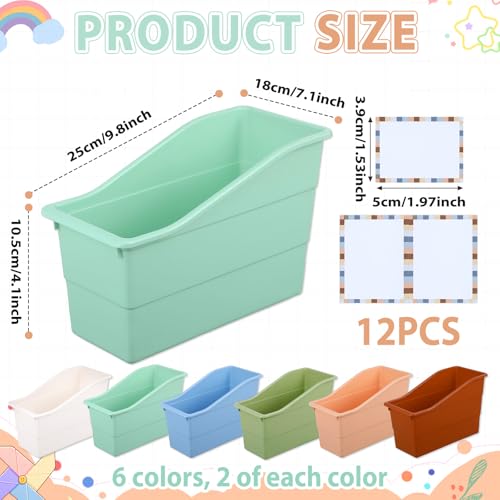 12 Pack Large Book Bins, Durable Magazine Organizer File Holder High-Quality Plastic Book Storage Bins with Labels for Classroom Library, Office, Desktop Organization, Bookshelf Categorization (Boho) - color: Boho