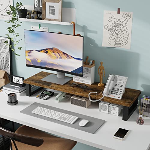 WESTREE Dual Monitor Stand Riser, Wood and Steel Monitor Stand Riser, Computer Monitor Stand for 2 Monitors, Multi-Purpose Desktop Storage Stand for Computer,Laptop,Printer,TV - color: Brown