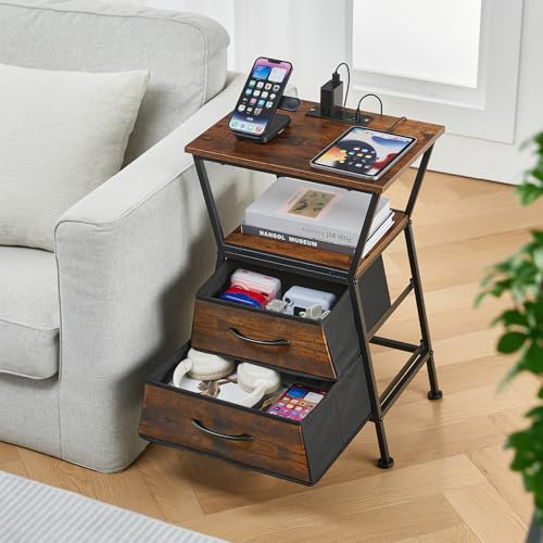 Nightstand with Charging Station, Side Tables for Bedroom with Built-in USB Side Table with 2 USB Ports and Outlets Nightstand with Cloth Drawer End Tables Living Room Sofa Couch - color: Rustic Brown With Socket
