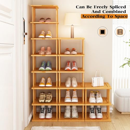 Bamboo Shoe Rack 12 Tier- Vertical Shoe Rack for Small Spaces, Tall Narrow Shoe Rack Organizer for Closet Entryway Corner Garage and Bedroom,Skinny Shoe Shelf with Free Stackable DIY - color: Original Color, size: 12-tier